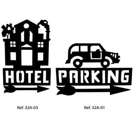 Wrought iron signs for hotels or parkings.
