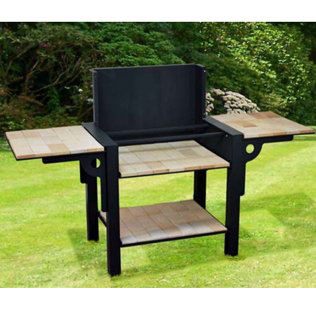 Outdoor barbecue with side shelves.