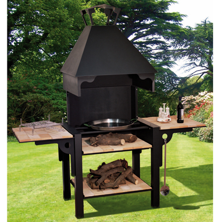 Complete outdoor barbecue with hood and shelves.