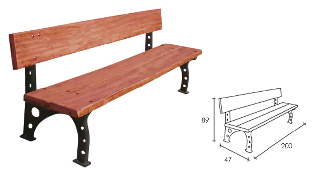 Park bench made of wooden boards with a mahogany colour finish.